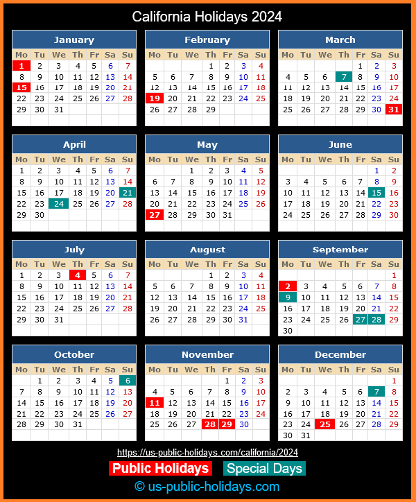 California Holiday Calendar 2024